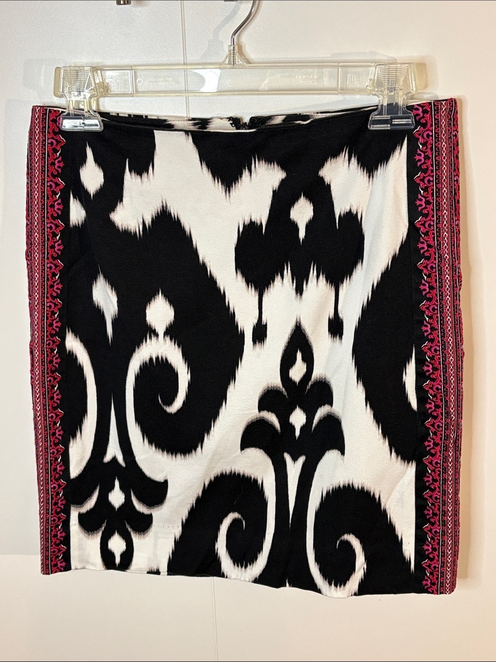 Black & White Ikat Print Pencil Skirt with Pink Trim | 0
